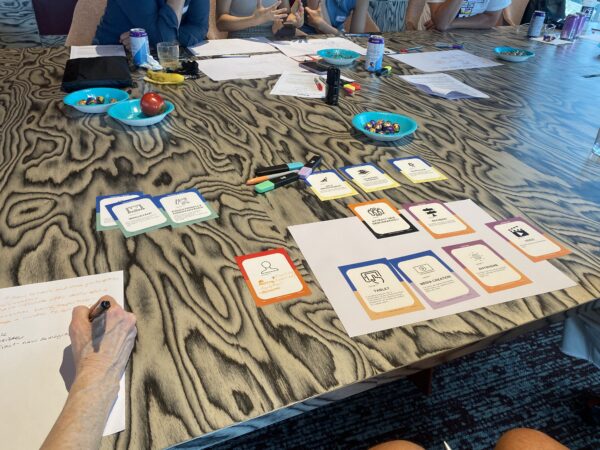 Workshop participants play with cards.